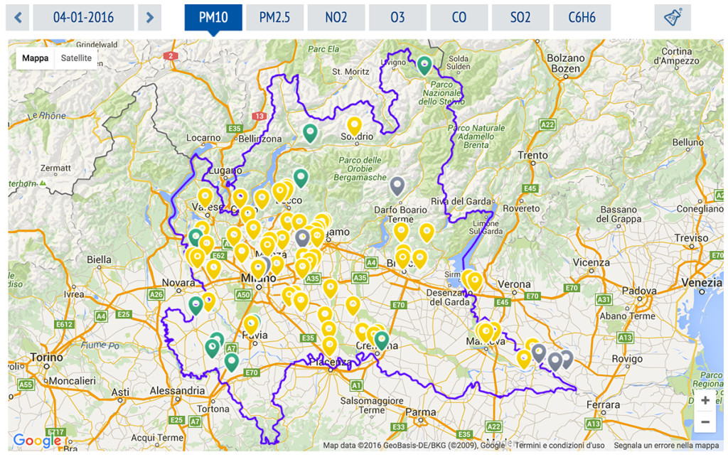 La mappa "PM10" del 4 gennaio di Arpa Lombardia