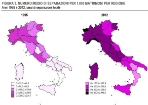 Il numero medio di separazione per 1000 matrimoni. Le differenze a livello regionale tra il 1985 ed il 2012 (istat.it)
