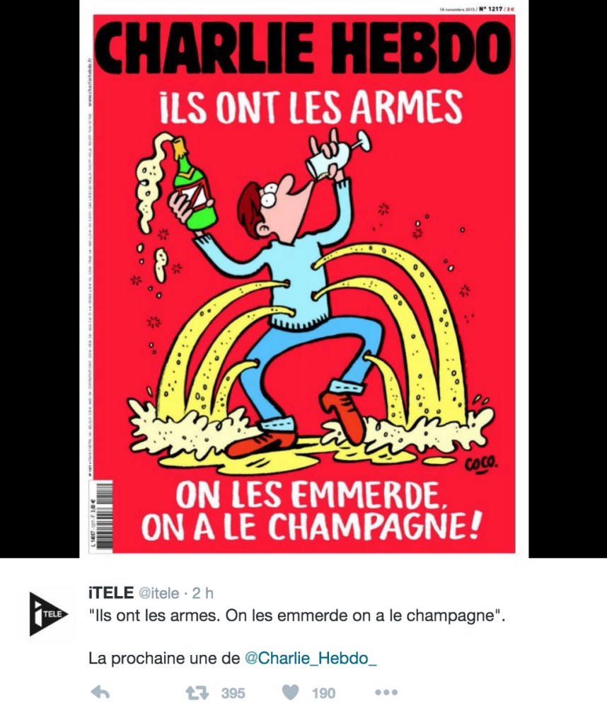 "Loro hanno le armi. Fanculo, noi abbiamo lo champagne", la prossima copertina di Charlie Hebdo (twitter.com)