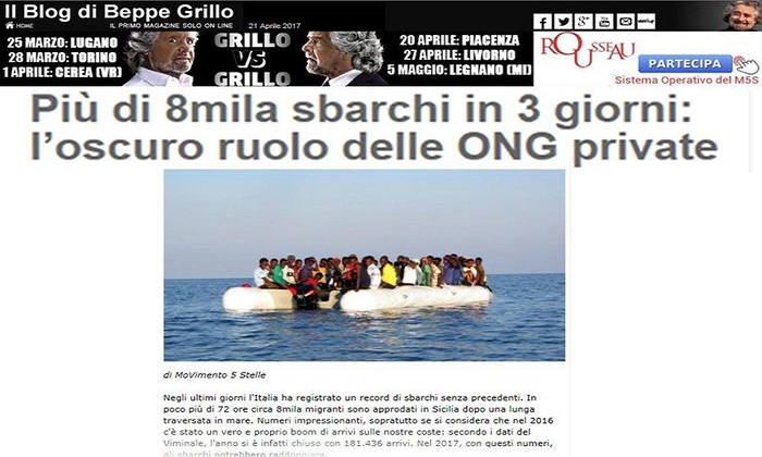 Migranti, Grillo denuncia: "Escalation arrivi non è casuale. Ruolo oscuro delle Ong private" 