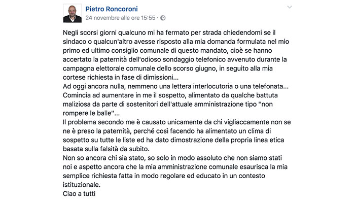 Il post pubblicato lo scorso 24 novembre dall'ex sindaco di Lavena Ponte Tresa, Pietro Roncoroni.