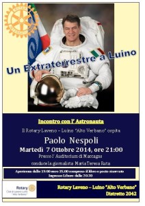 La locandina per la conferenza di Maccagno con l'astronauta Paolo Nespoli, organizzata dal Rotary Club Laveno - Luino Alto Verbano”