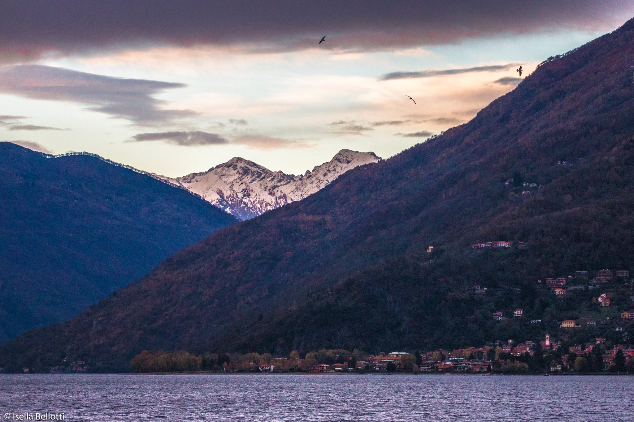 La prima neve anche sulle montagne al di là del lago. La foto è di Isella Bellotti