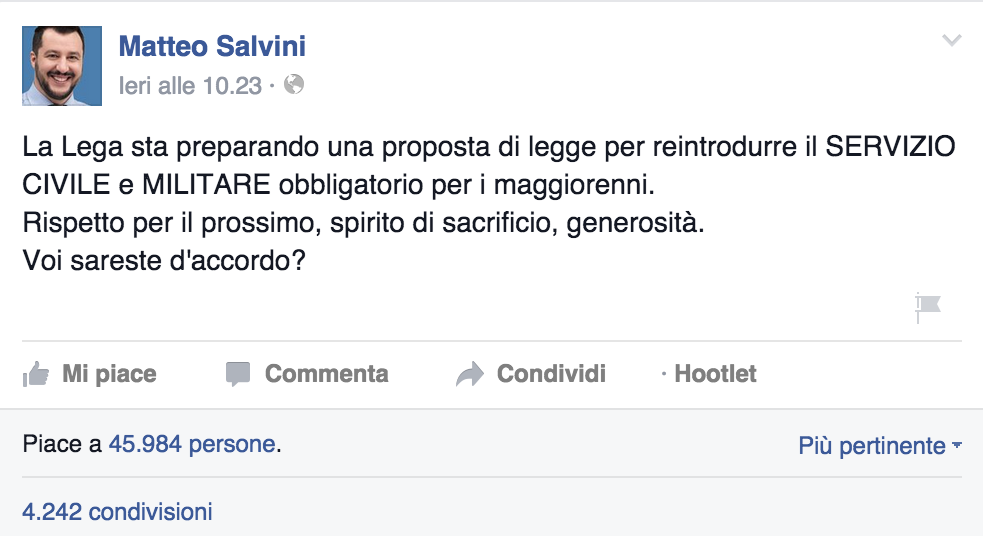 Salvini leva obbligatoria