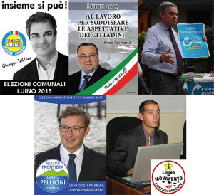 I candidati sindaco per Luino 2015, da sinistra in alto: Giuseppe Taldone (“La Grande Luino”), Pietro Agostinelli (“Movimento Italia Nazione”), Franco Compagnoni (L’altra Luino), il sindaco uscente Andrea Pellicini (“Nuova Frontiera”) e Fabio Luciano Cocomazzi (“Luino in Movimento – Controcorrente”)
